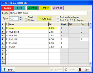 Check box to automatically calculate beam self weight