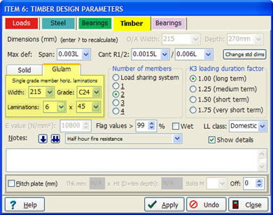 Glulam beam data entry pane