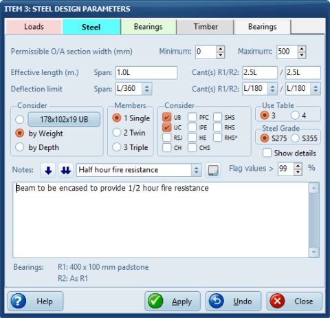 Steel beam design parameters